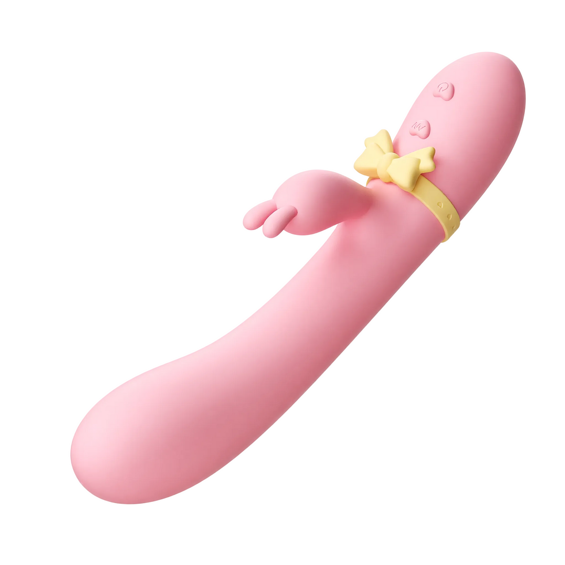 Jhankaar warming dual massager in pink with a yellow bow ring, diagonal view