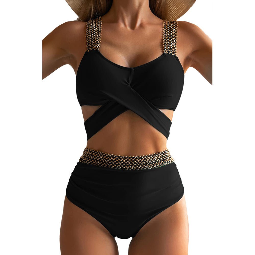 Solid Color With Golden Sequence Straps High Waist Two Piece Swimwear By Sinderella - Sinderella