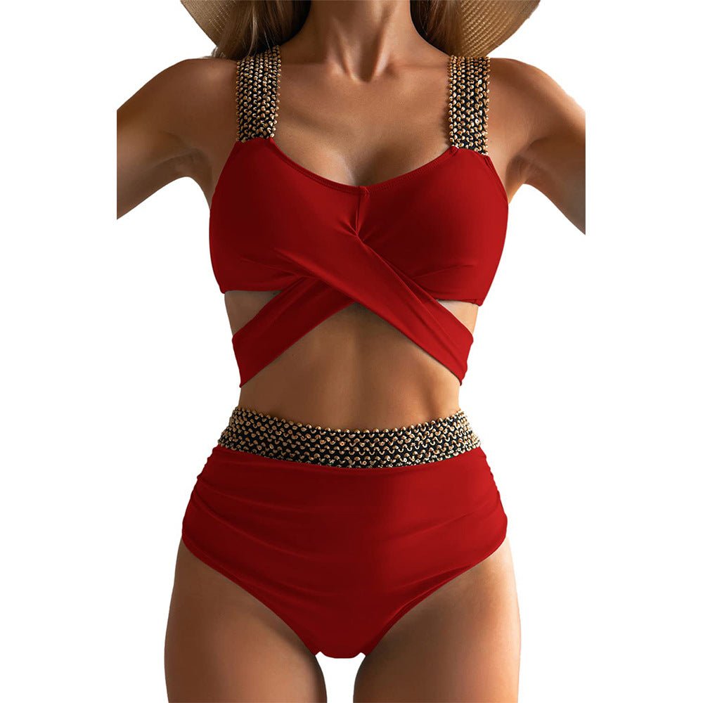 Solid Color With Golden Sequence Straps High Waist Two Piece Swimwear By Sinderella - Sinderella