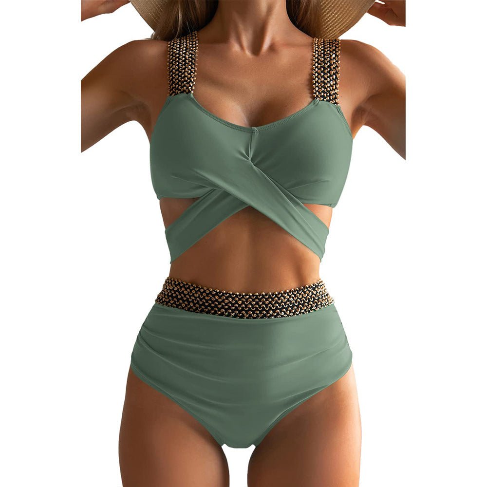 Solid Color With Golden Sequence Straps High Waist Two Piece Swimwear By Sinderella - Sinderella