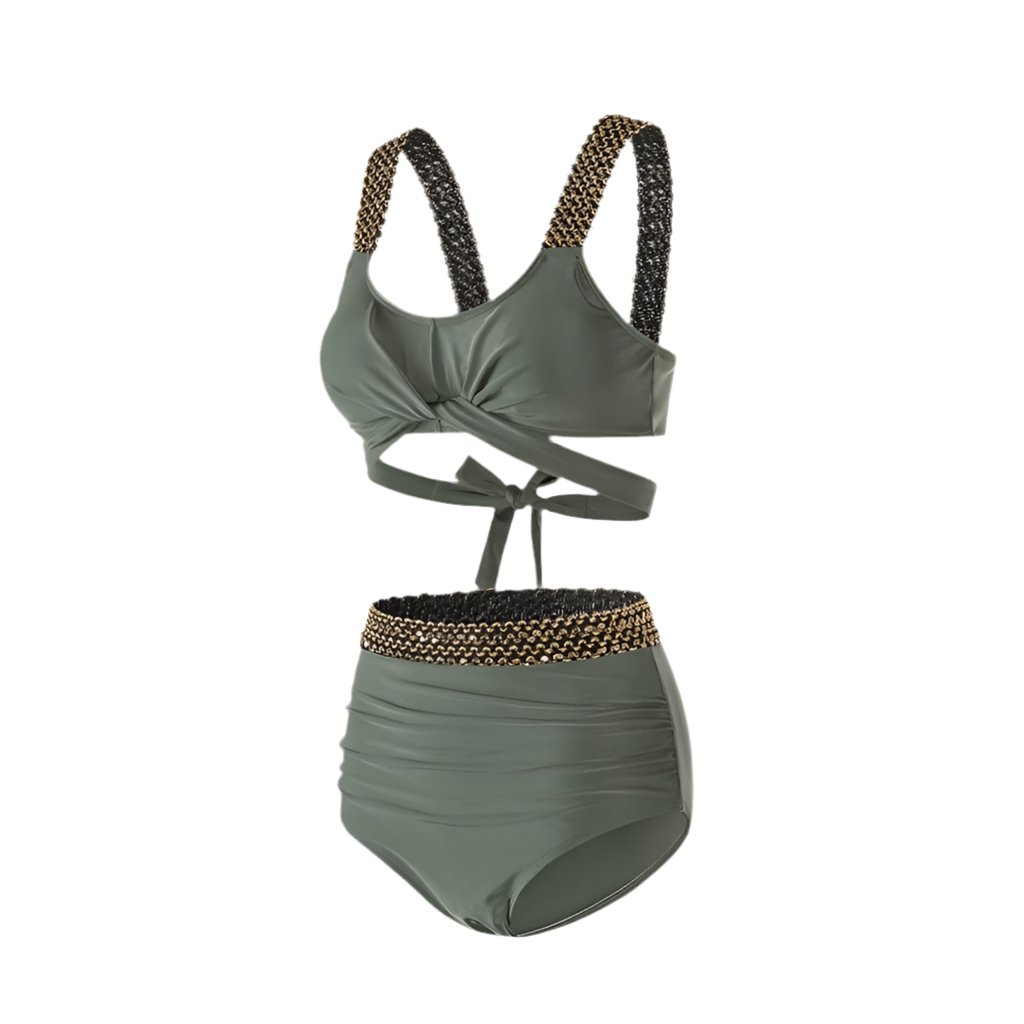 Solid Color With Golden Sequence Straps High Waist Two Piece Swimwear By Sinderella - Sinderella