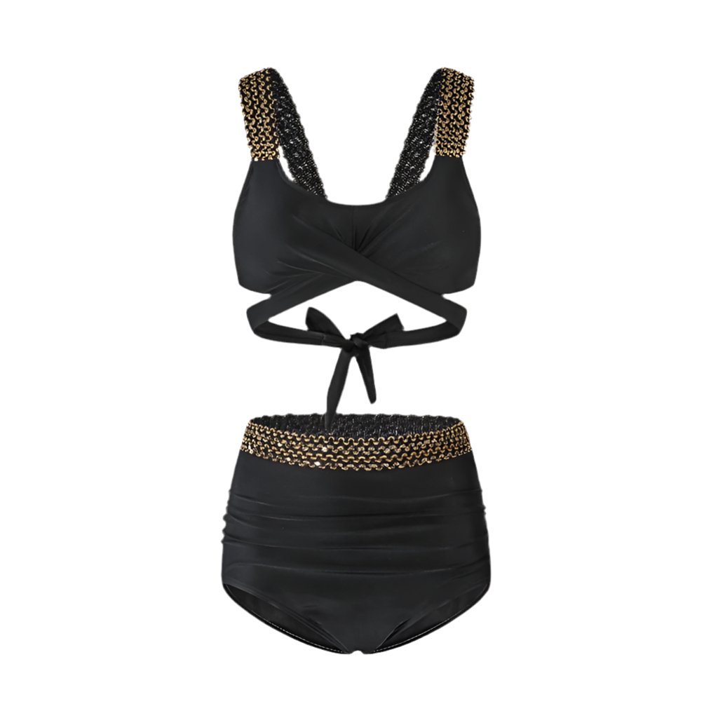 Solid Color With Golden Sequence Straps High Waist Two Piece Swimwear By Sinderella - Sinderella