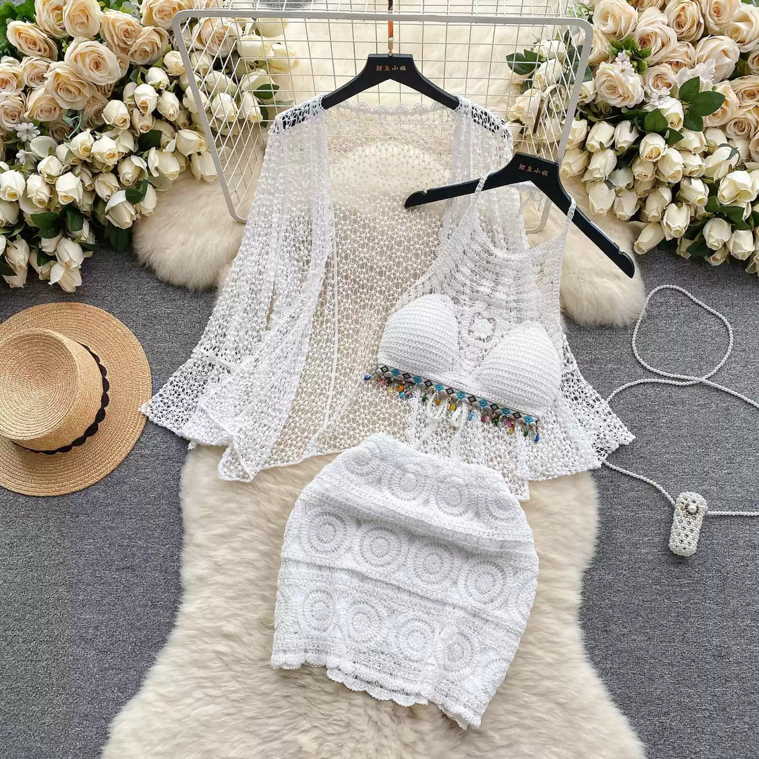 Three Piece Crochet Beach Resort Set - Sinderella