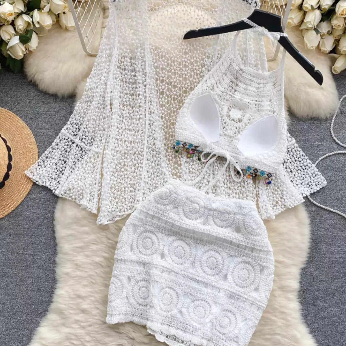 Three Piece Crochet Beach Resort Set - Sinderella