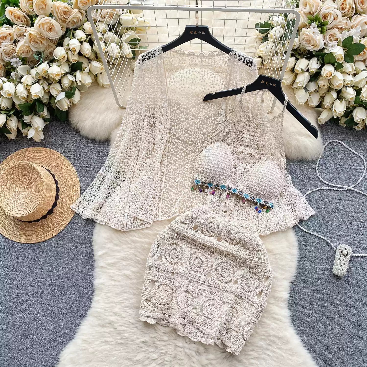 Three Piece Crochet Beach Resort Set - Sinderella