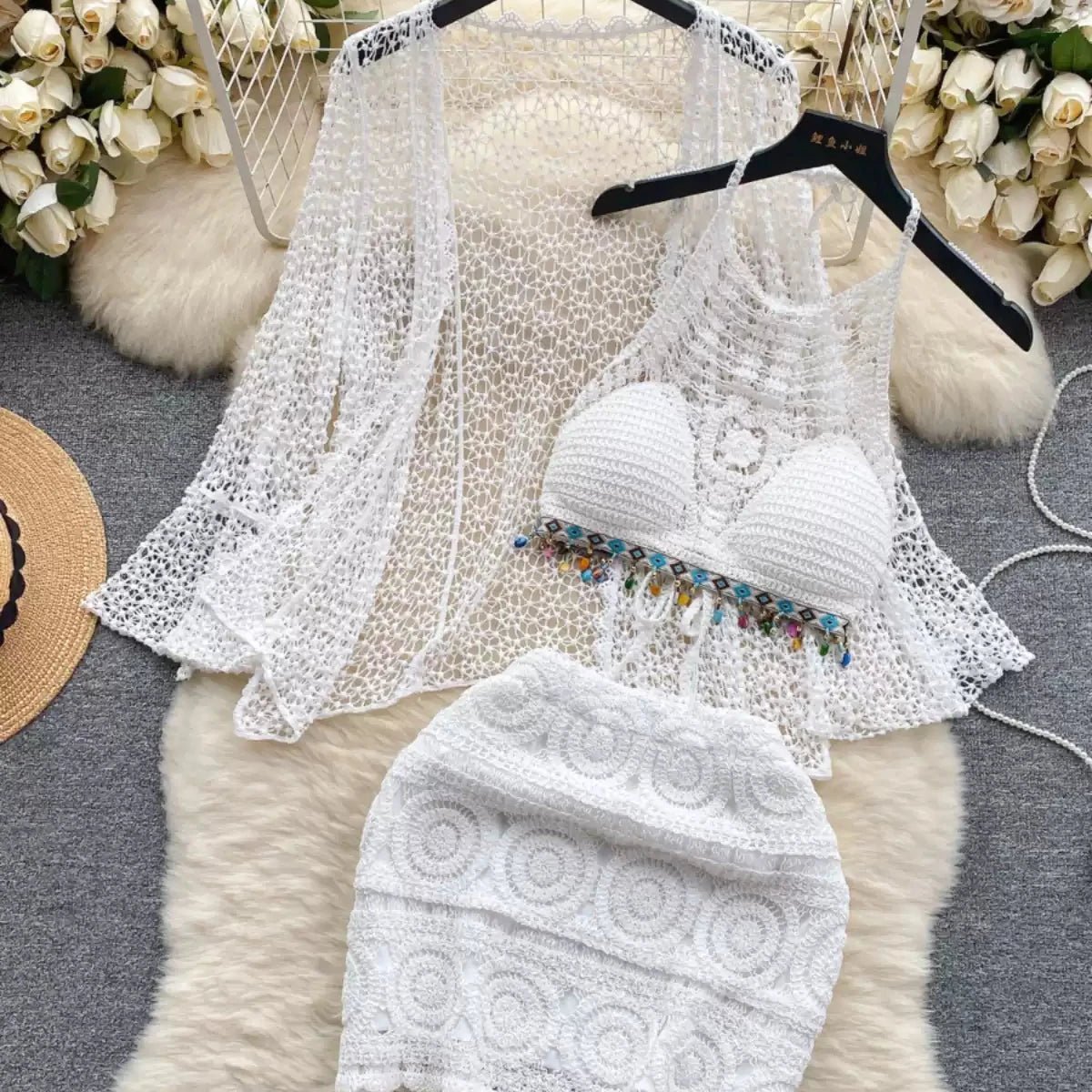 Three Piece Crochet Beach Resort Set - Sinderella