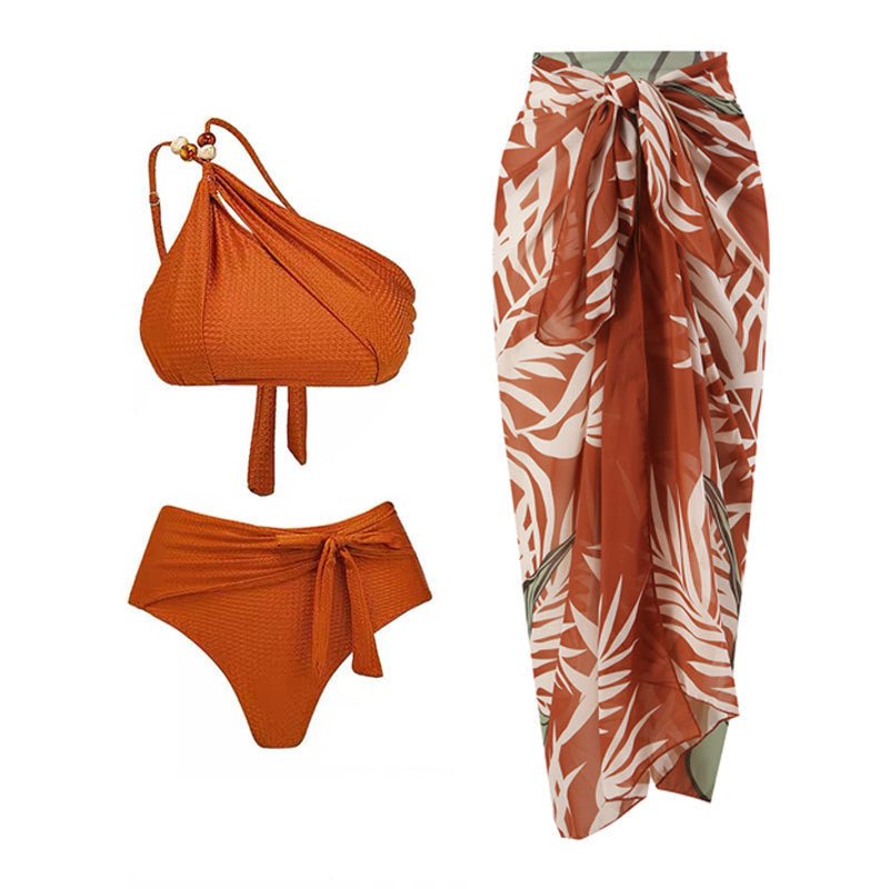 Three Piece High Waist Bikini Swim Set With Sarong By Sinderella - Sinderella