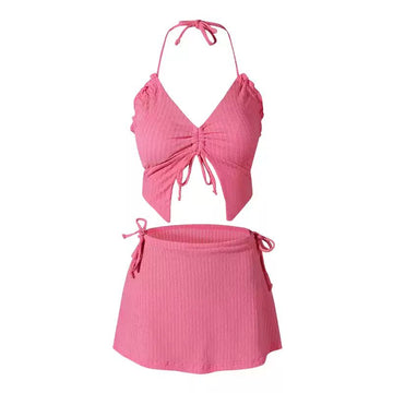 Two Piece Backless SwimWear With Butterfly Top And Short Coverup Skirt - Sinderella