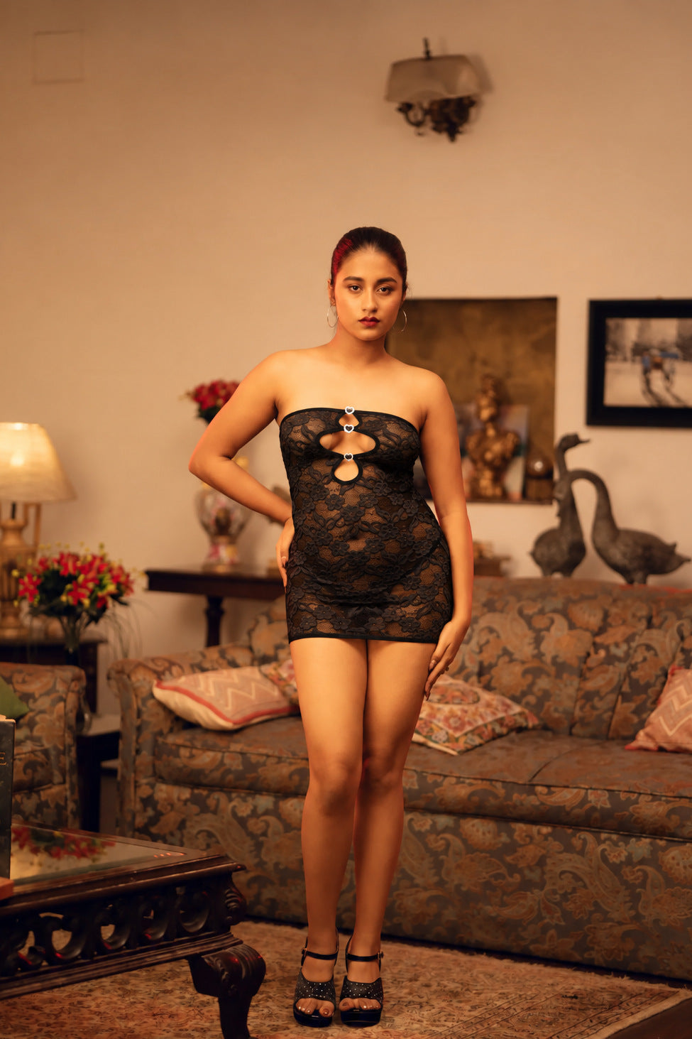 Nasheeli — Two-Piece Strapless Lace Mini Dress & Panty Set