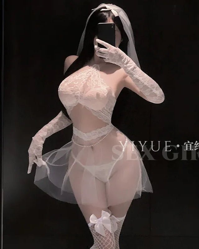 Be His Dream Bride After Midnight – 5 Piece Set with Panty, Gloves & Veil