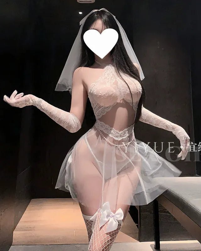 Be His Dream Bride After Midnight – 3 Piece Set with Panty, Gloves & Veil