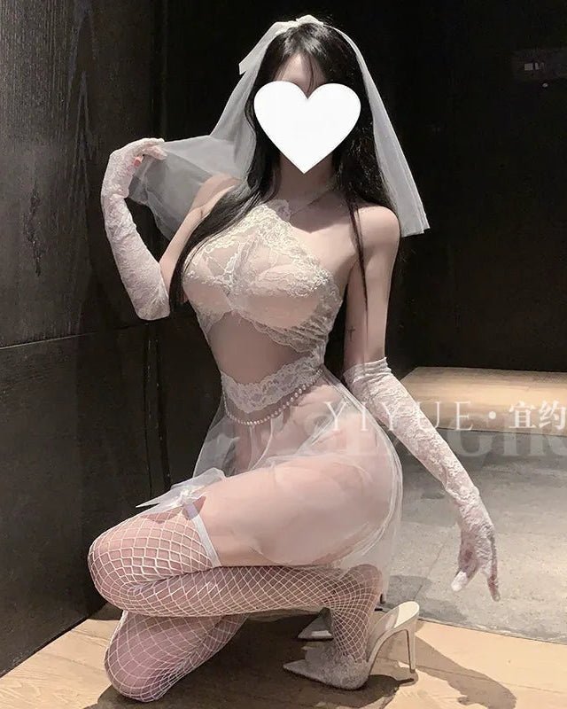 Be His Dream Bride After Midnight – 3 Piece Set with Panty, Gloves & Veil