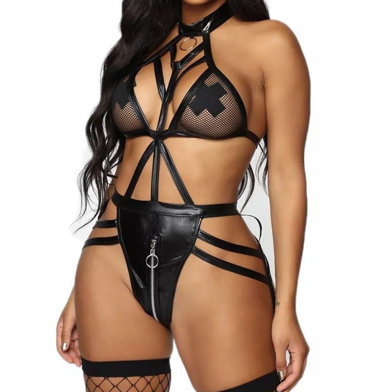 X - Rated Energy Strappy PU Leather & Mesh Lingerie - Sinderella