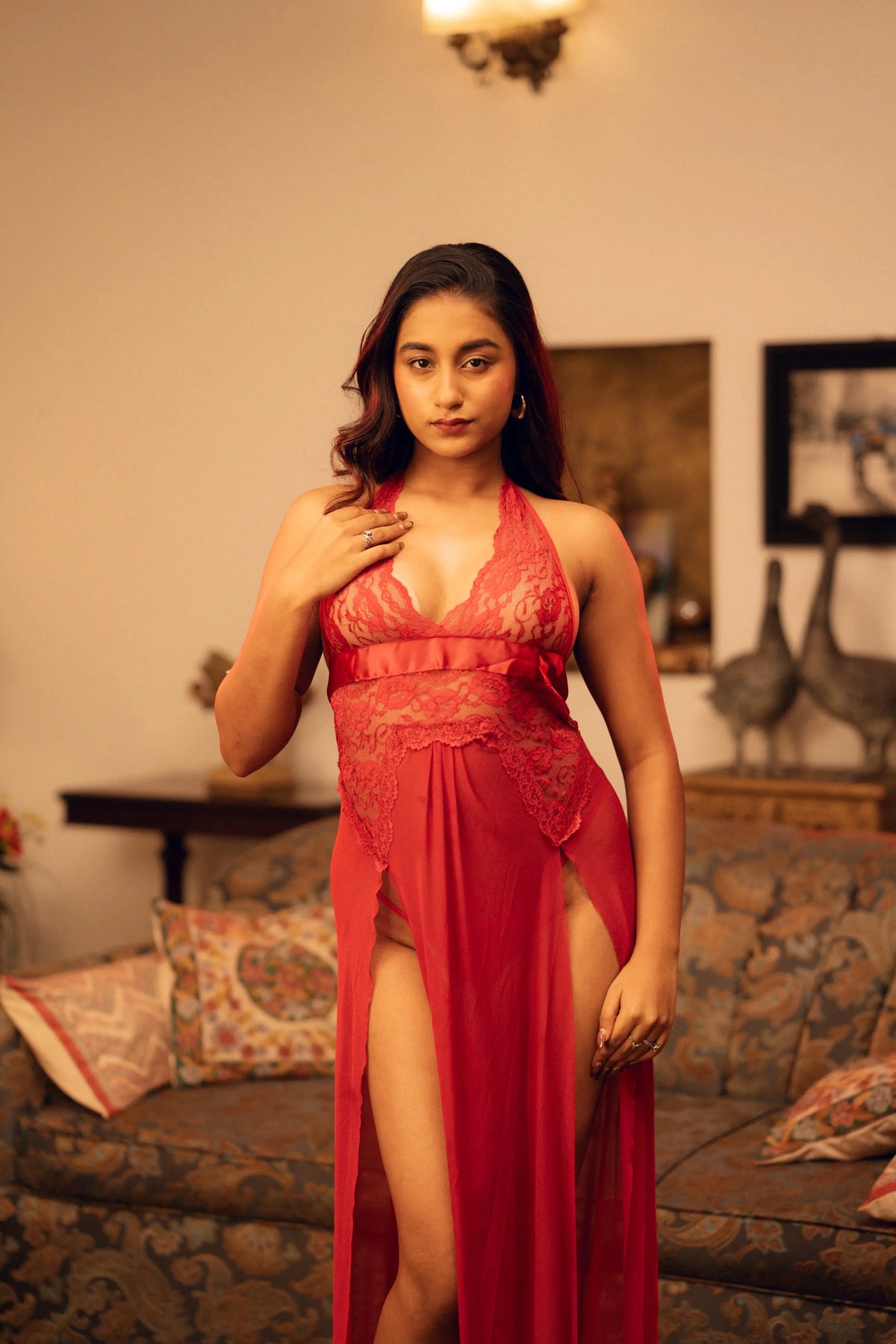 Himmat two-piece lace sheer side-slit dress & panty set, photo 4