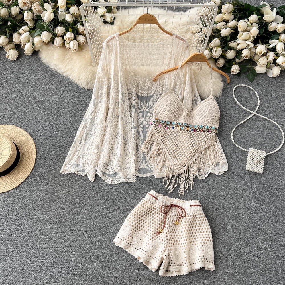 Arya Crocheted Three Piece Beach Set - Sinderella