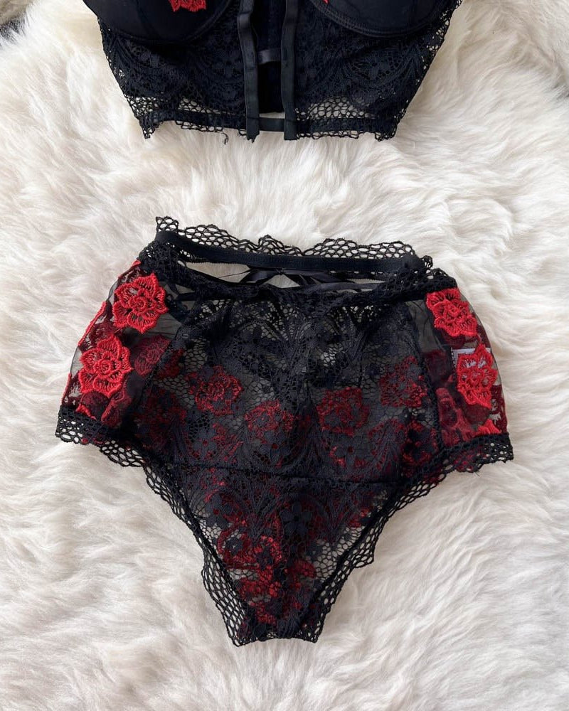 Cabello Two Piece Floral Embroidered Bustier Lingerie - Sinderella