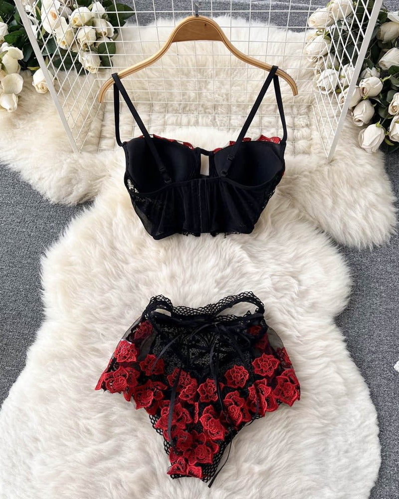 Cabello Two Piece Floral Embroidered Bustier Lingerie - Sinderella