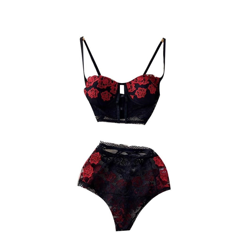 Cabello Two Piece Floral Embroidered Bustier Lingerie - Sinderella