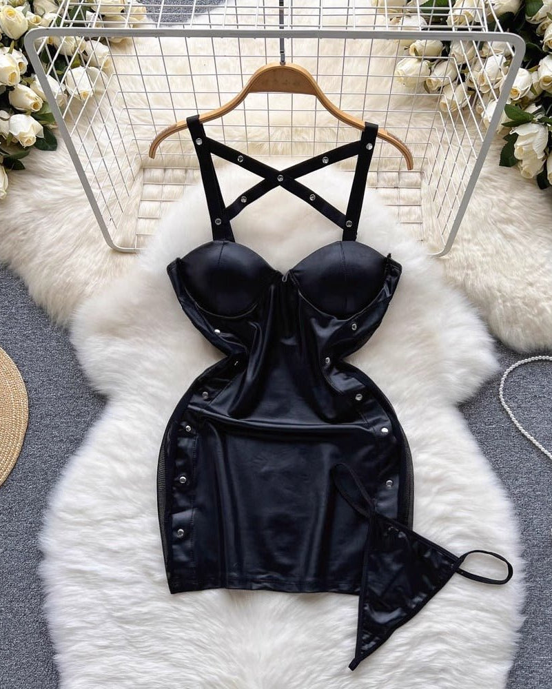 Coral Two Piece PU Leather Lingerie Set - Sinderella