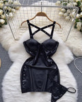 knee length dresses for ladies Mesh dress, PU leather Lingerie and bag, black – Winzerdoll