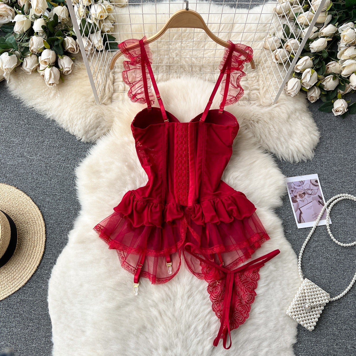 Mesh and Lace Bustier 2-piece Set - Jingle Red