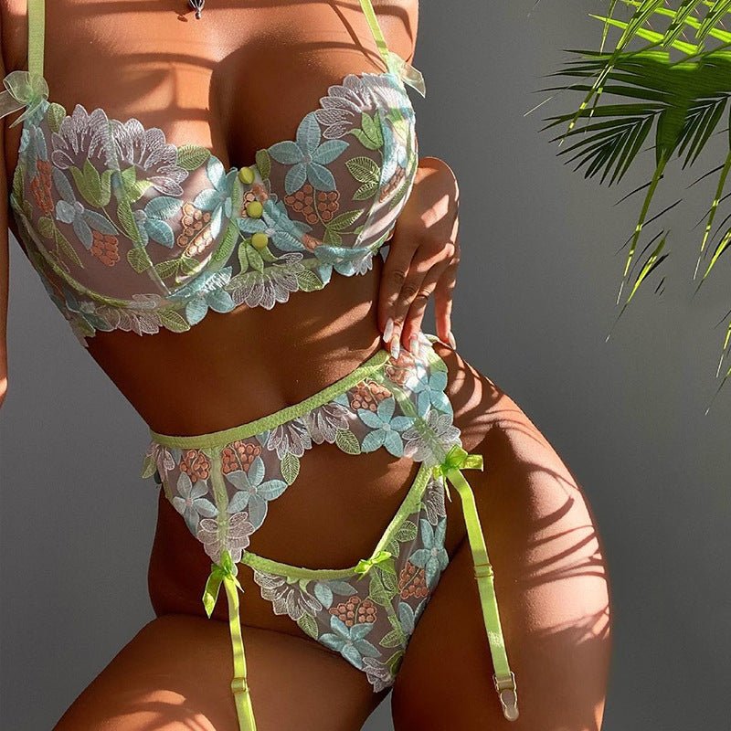 Diana Floral Lace Three Piece Lingerie Set - Sinderella