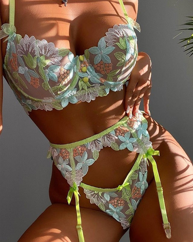 Diana Floral Lace Three Piece Lingerie Set - Sinderella