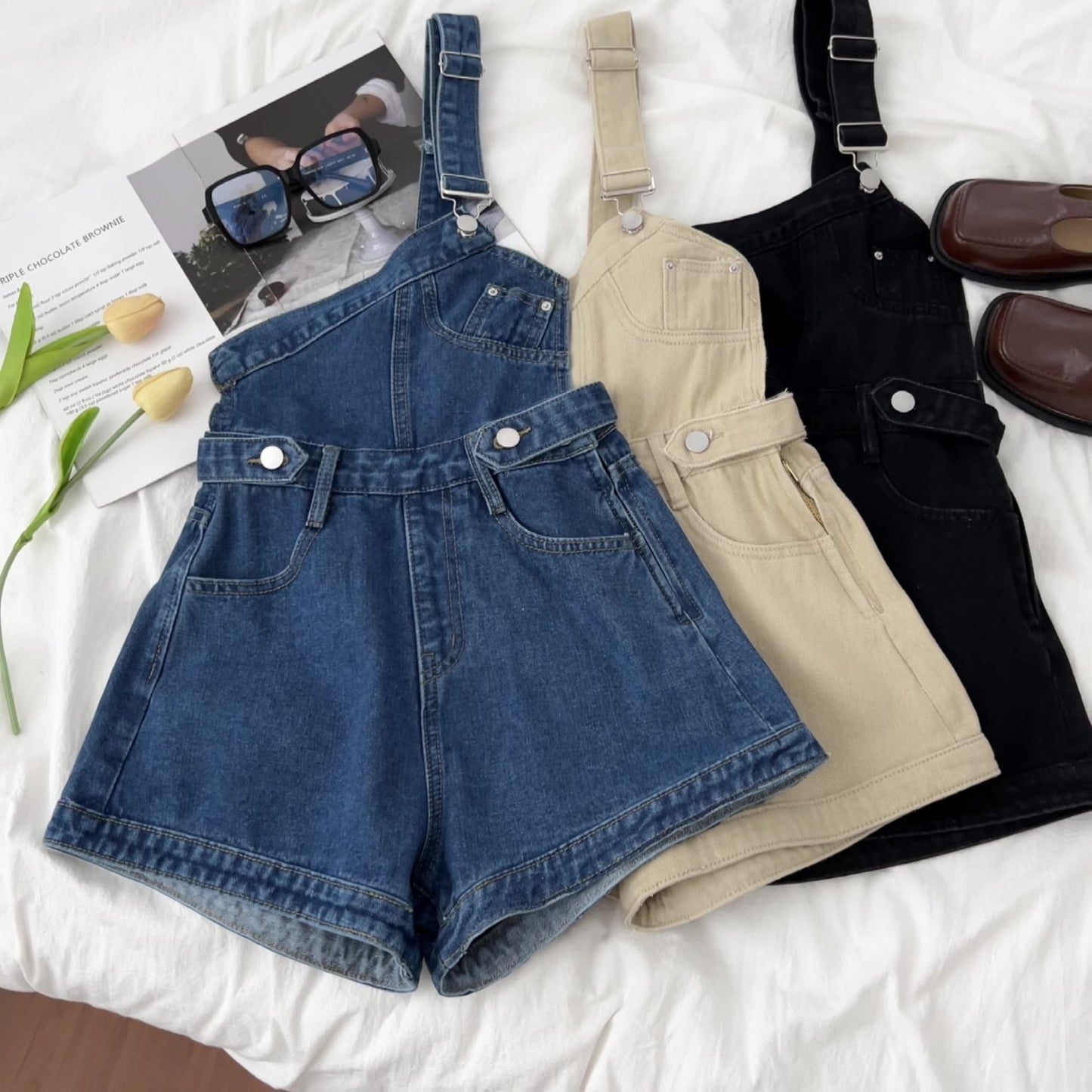 Gloria One Shoulder Short Denim Dungaree - Sinderella