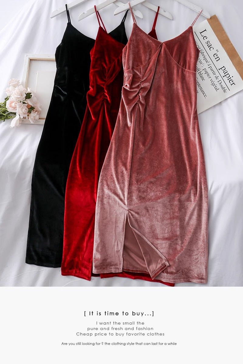 Kelly V Neck Slit Velvet Dress - Sinderella