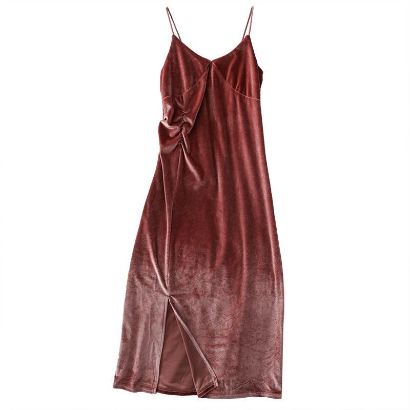 Kelly V Neck Slit Velvet Dress - Sinderella