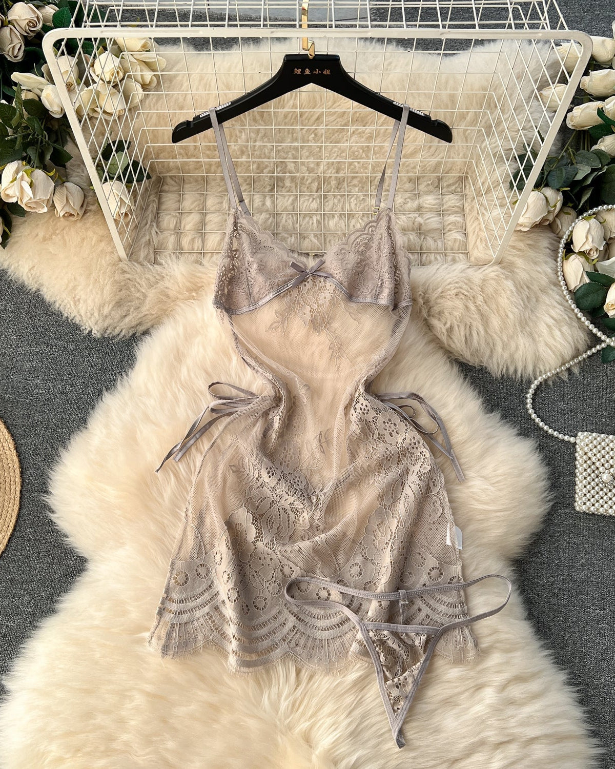 Chandni — Two-Piece Floral Lace Mesh Chemise & Panty Set