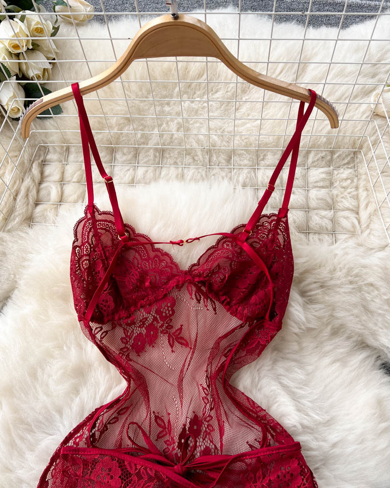 Chandni — Two-Piece Floral Lace Mesh Chemise & Panty Set
