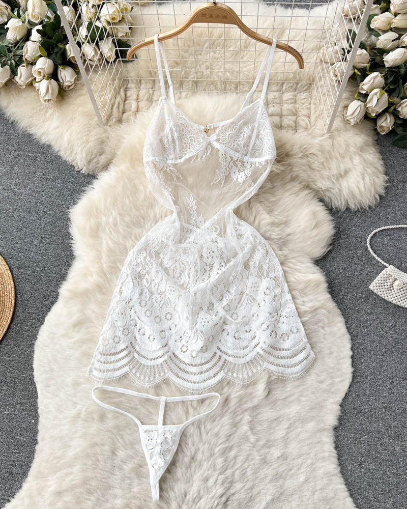 Chandni — Two-Piece Floral Lace Mesh Chemise & Panty Set