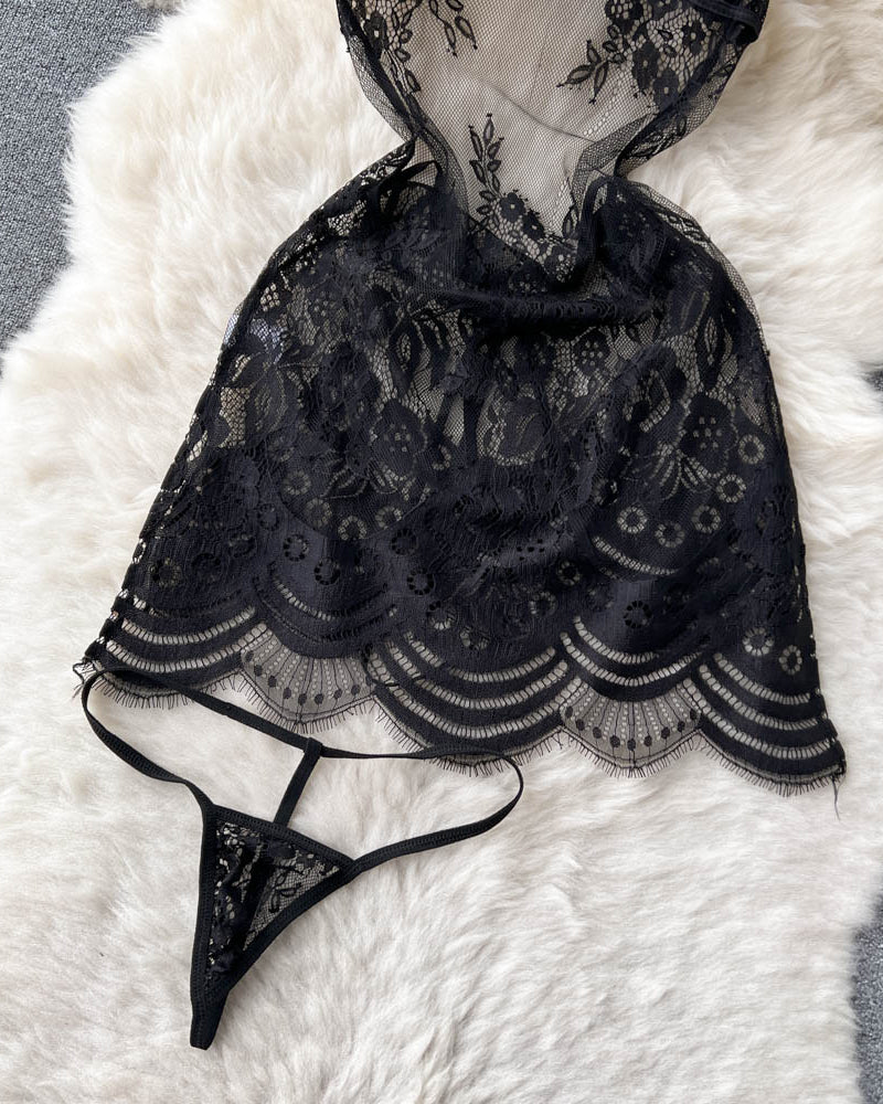Chandni — Two-Piece Floral Lace Mesh Chemise & Panty Set