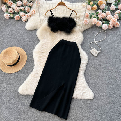 Madison Fur Top Slit Skirt Set - Sinderella