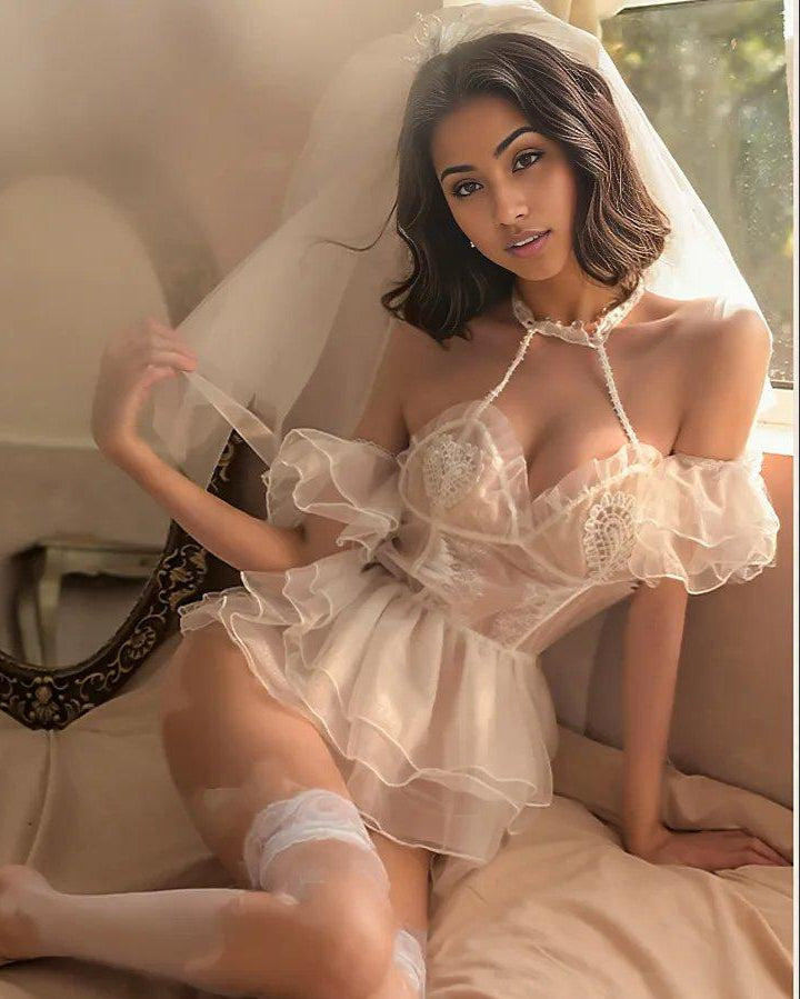 Maren Mesh Sheer Bridal Babydoll Lingerie Set - Sinderella