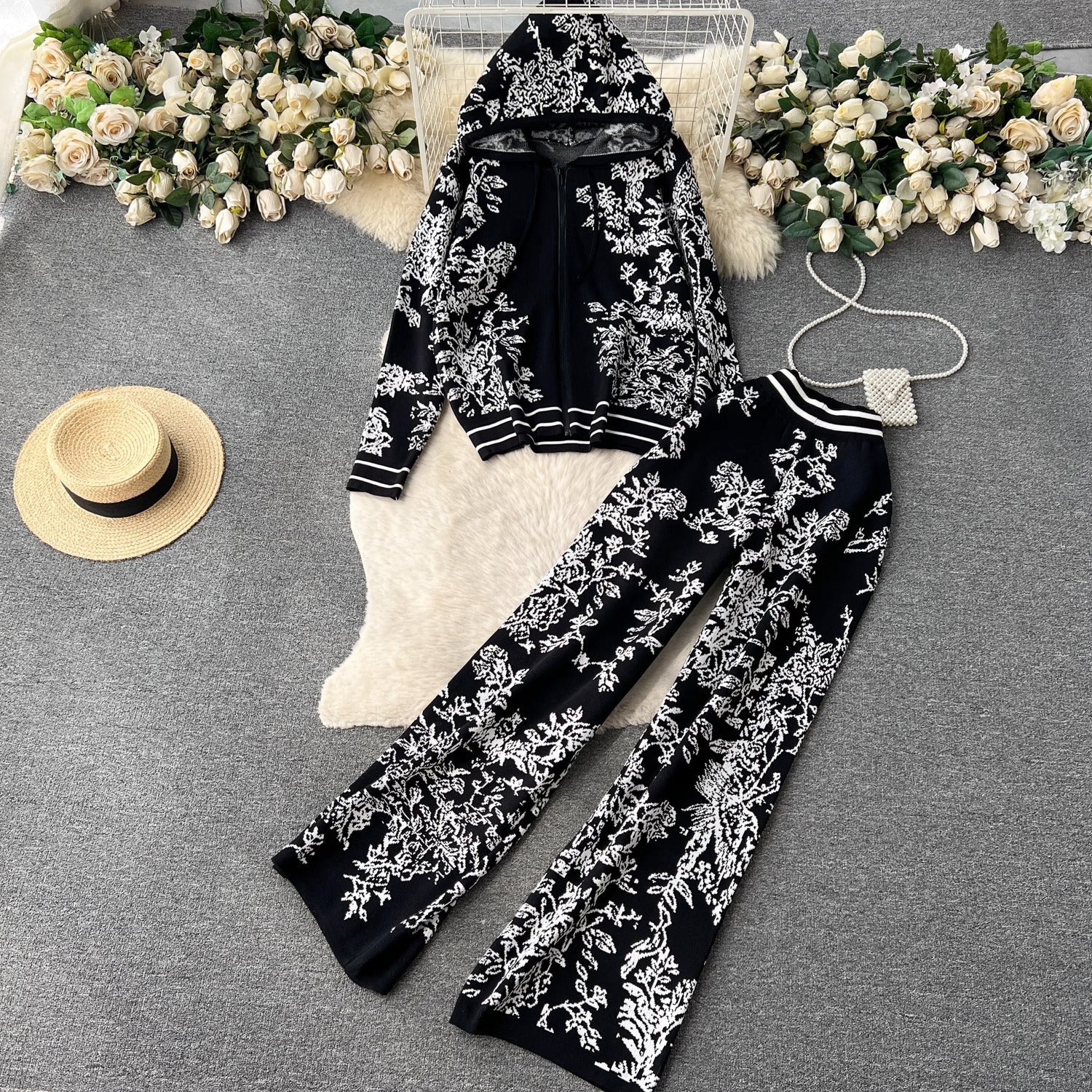 Miracle Two Piece Knitted Hooded Sweater Wide Bottom Pants Co-ords Sets - Sinderella
