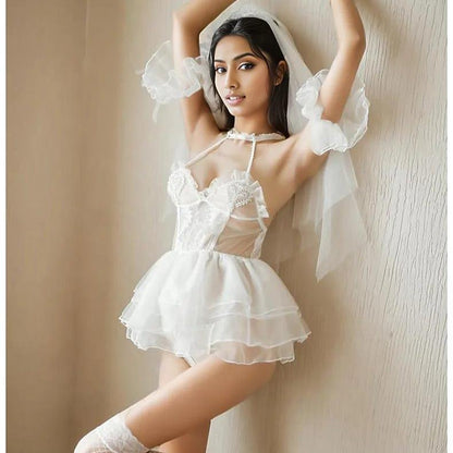 Skylar Mesh Sheer Bridal Babydoll Lingerie Set - Sinderella