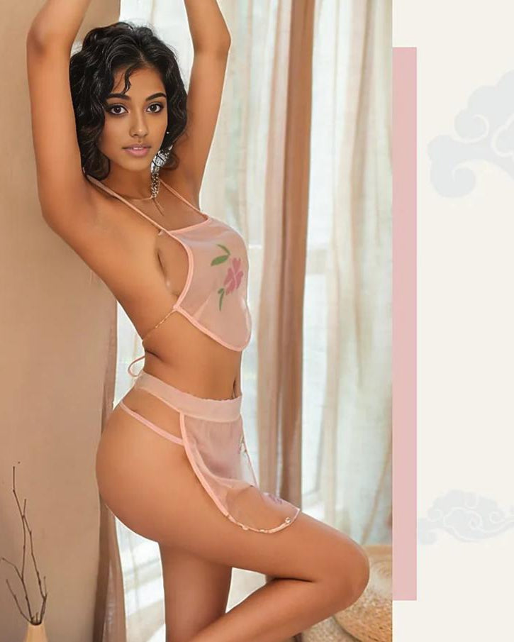 Tessa Mesh Sheer Floral Three Piece Lingerie - Sinderella