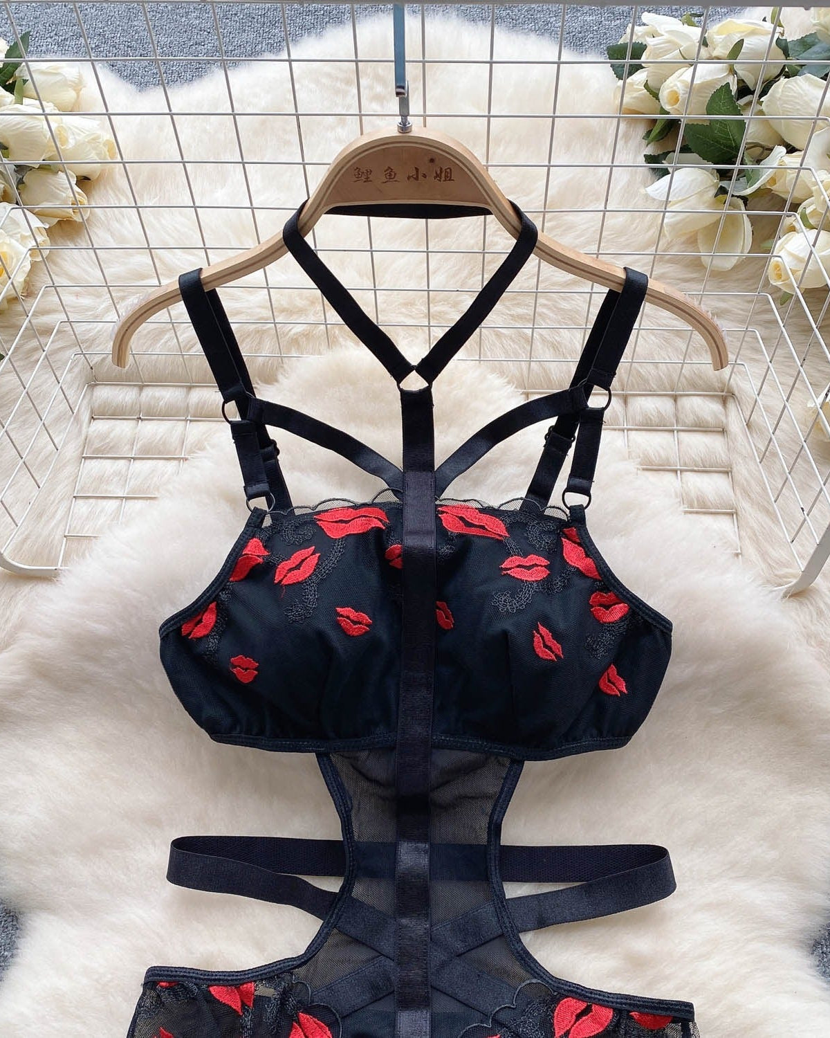 Vance Lips Embroidered Strappy Bodysuit Lingerie - Sinderella