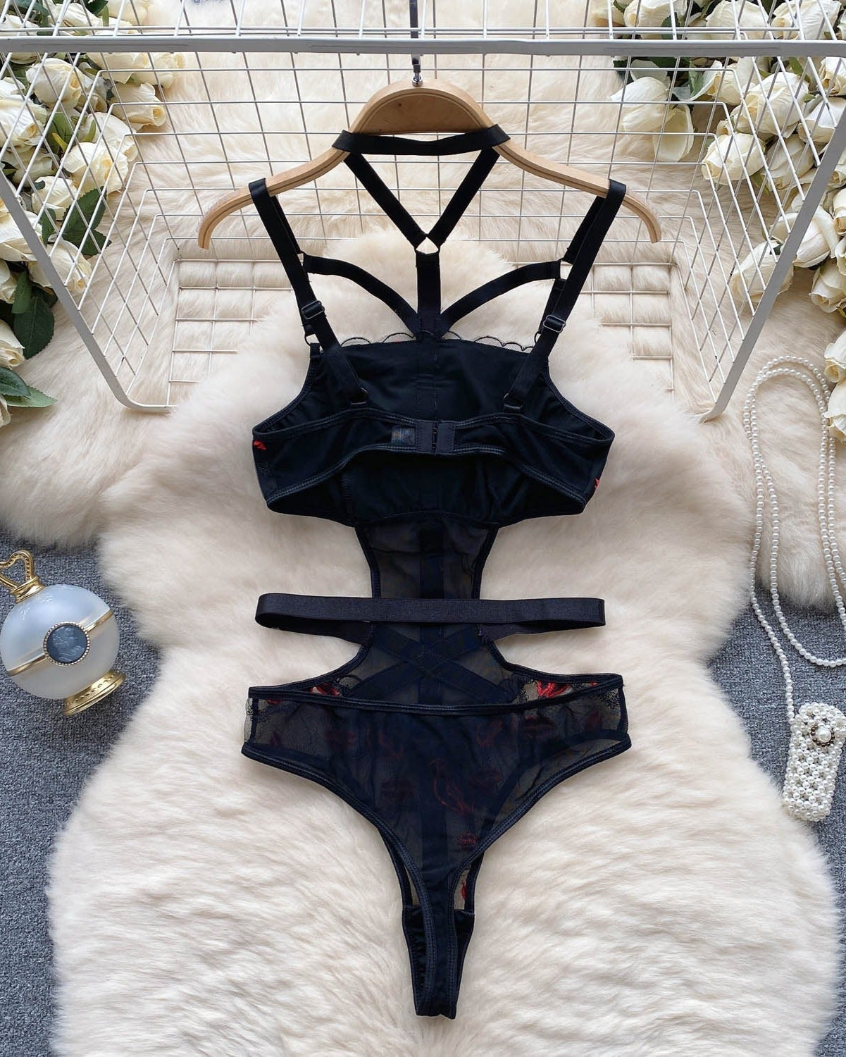 Vance Lips Embroidered Strappy Bodysuit Lingerie - Sinderella