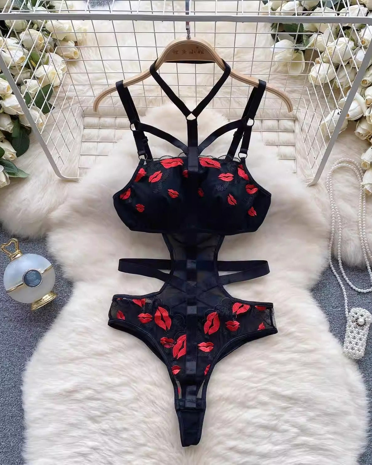 Vance Lips Embroidered Strappy Bodysuit Lingerie - Sinderella